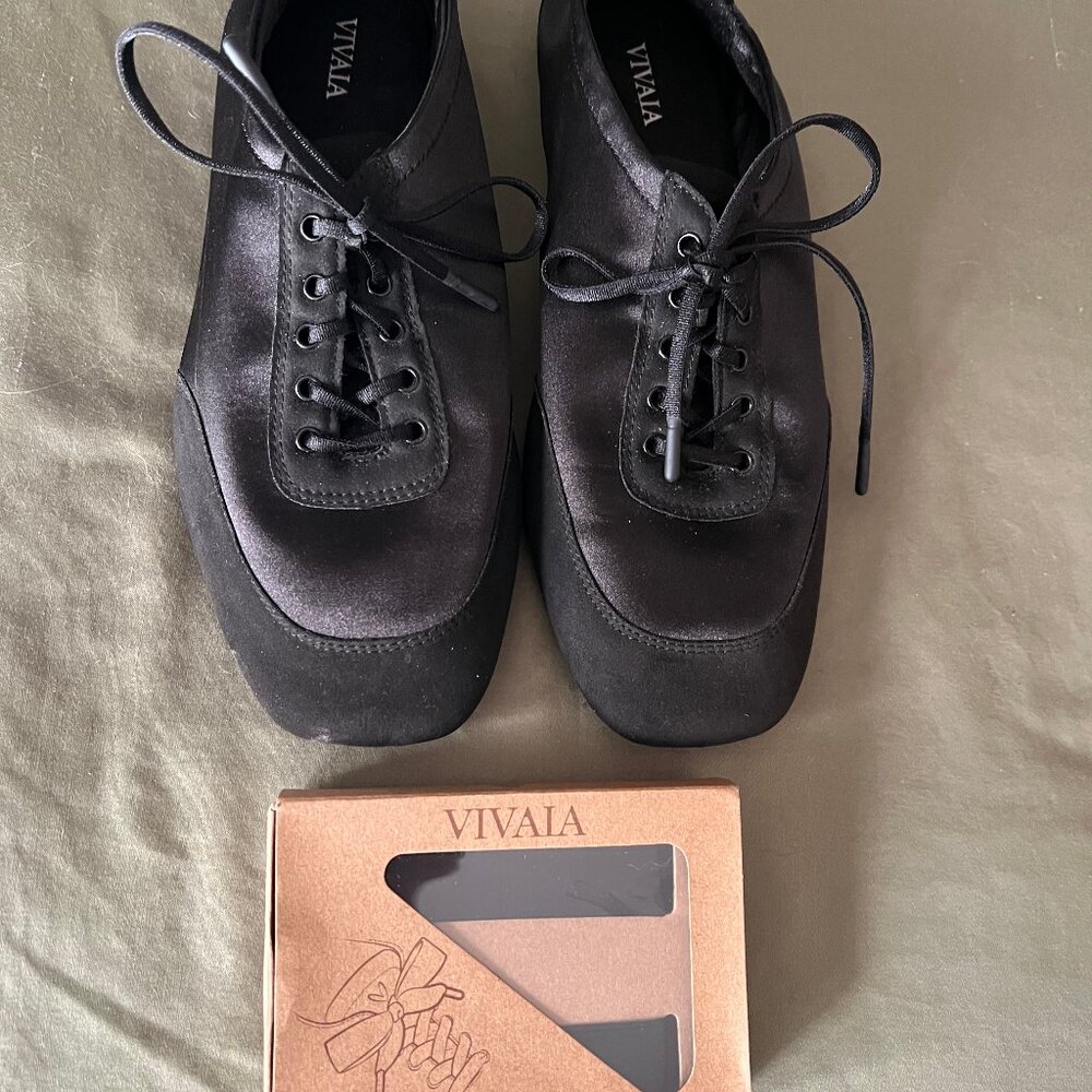 Vivaia Square-Toe Lace-Up Satin Sneakerina, black, Size 7.5